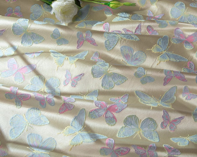 Vintage jacquard fabric, designer fabric, 3D Butterfly, Upholstery, Decor, Costume, Handbag, Sewing, Doll making/Fabric by one meter, 59"W
