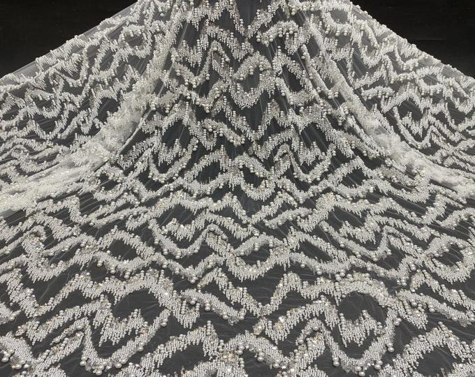 Luxury Beaded Fabric with Pearls Sequins – High-End Bridal & Evening Gown Embellished Textile, Wedding dress fabric, 49"Wide