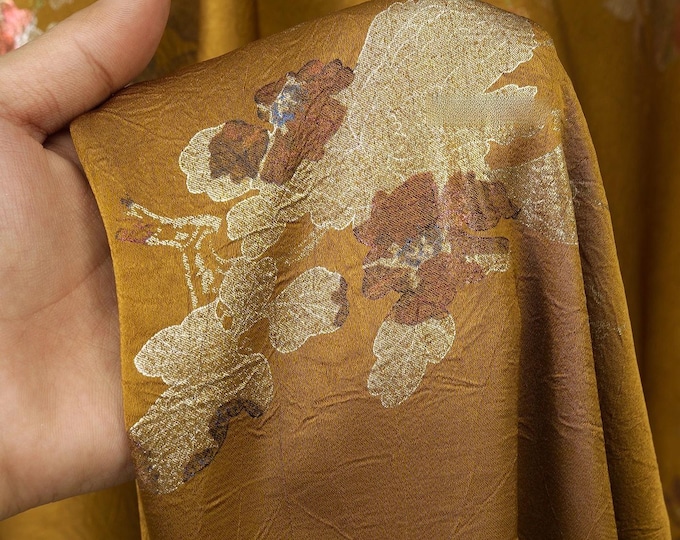 Golden Floral Jacquard Fabric: Shiny Acetate for Dressmaking