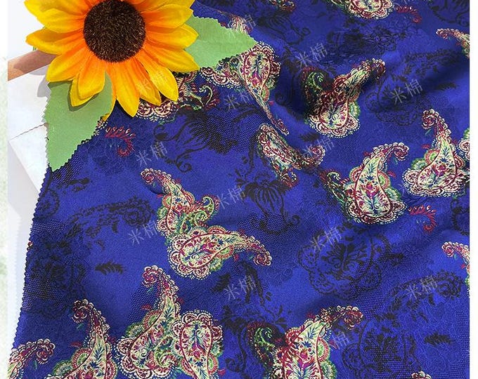 Royal Blue Brocade Xiangyun Silk Fabric, Traditional Chinese Jacquard Material for Sewing & Dressmaking