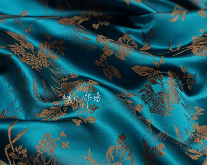 Turquoise Silk Brocade Fabric: Coffee Flower Damask, 29.5"W