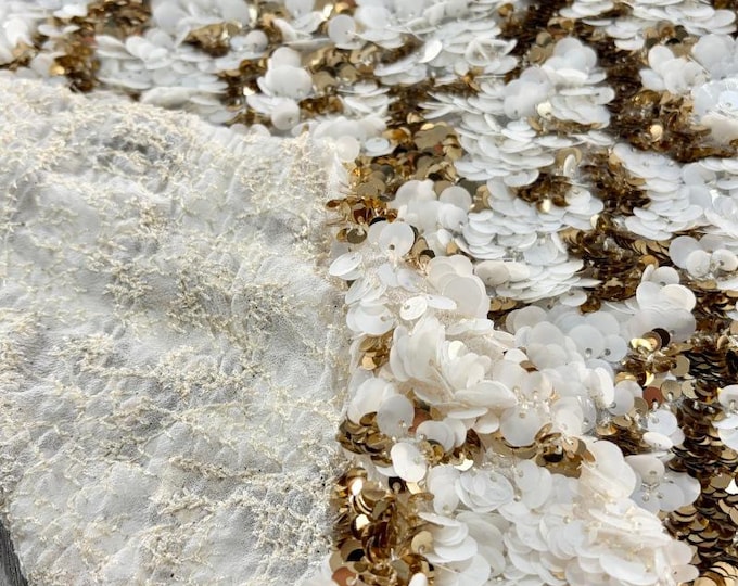 Cream Gold Sequin Layered Embroidered Chiffon Fabric – Wedding Dress & Gown Embroidery Material, 55"Wide