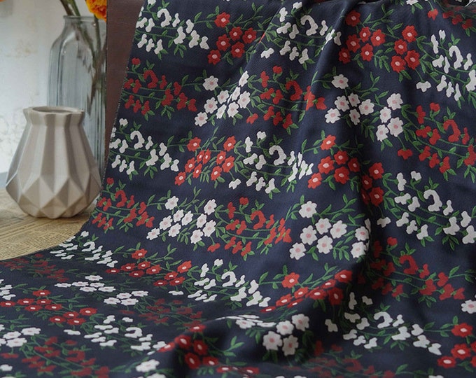 Dark Blue Reversible jacquard woven fabric, Soft flower pattern with embossed effects, Upholstery, Sewing, DIY fabric, 57"W By 1 yard