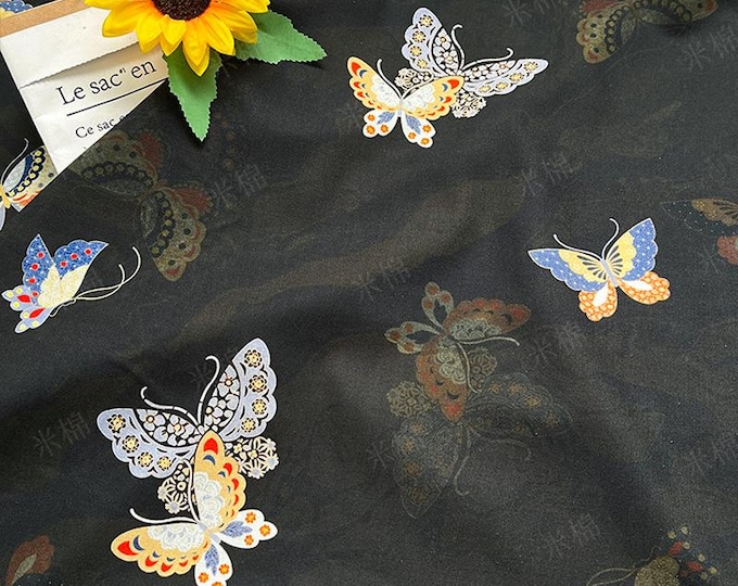 Butterfly Print Cotton Fabric: Black New Chinese Style (56" Wide)