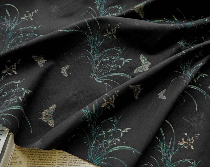 Japanese Traditional Silky Brocade butterfly Fabric, 55"W, Upholstery, Decor, Costume, Curtain, Handbag, Sewing, Cheongsam/Fabric by 1meter