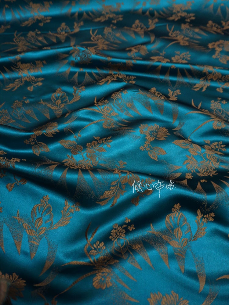 Turquoise Silk Brocade Damask Fabric, Coffee Flower, Wedding