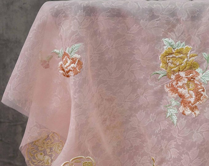 59“W embossed flowers embroidery Fabric, 3D silk Organza, curtain, dress, Doll Making, Upholstery, Decor, Costume/Fabric by the meter