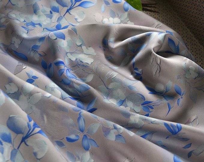 Gray Blue Cotton Sateen Fabric: Snowy Elegance Print, 55" Wide