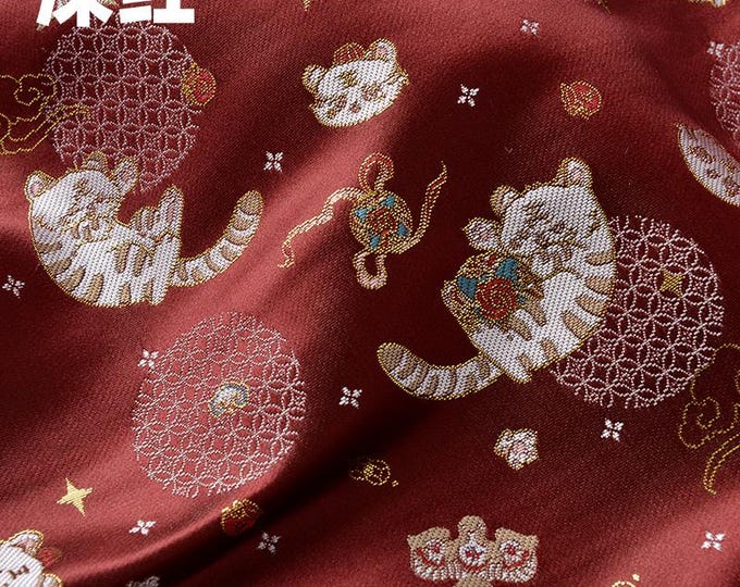 Japanese Nishijin Fabric, Lovely sweet Tiger pattern Jacquard silk brocade by the meter, 59“Width 2 colors On SALE, Kimono Sewing fabric