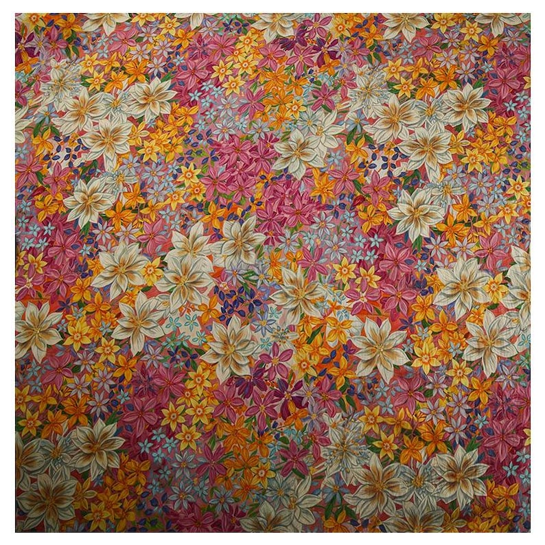 May include: A colorful floral fabric with a variety of flowers in shades of pink, yellow, white, and blue. The fabric features a repeating pattern of flowers.