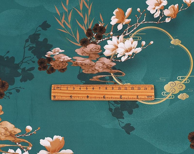 59"W Teal Lotus Tea silk satin fabric, Digital print, 3 colors, Sewing fabric, Upholstery, Decor, Costume, Curtain, bag, Sewing/Fabric