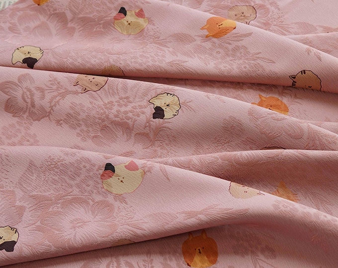 59"W cartoon cat Tea silk satin fabric, Digital print, dark green Upholstery, Decor, Costume, Curtain, bag, Sewing, drapery, DIY/Fabric