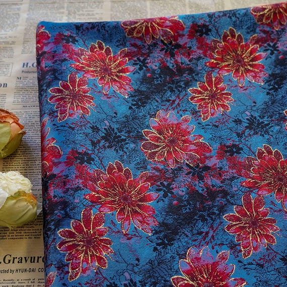 Gold Thread Floral Jacquard Fabric: Blue & Red Costume Dress Material -  Etsy Canada