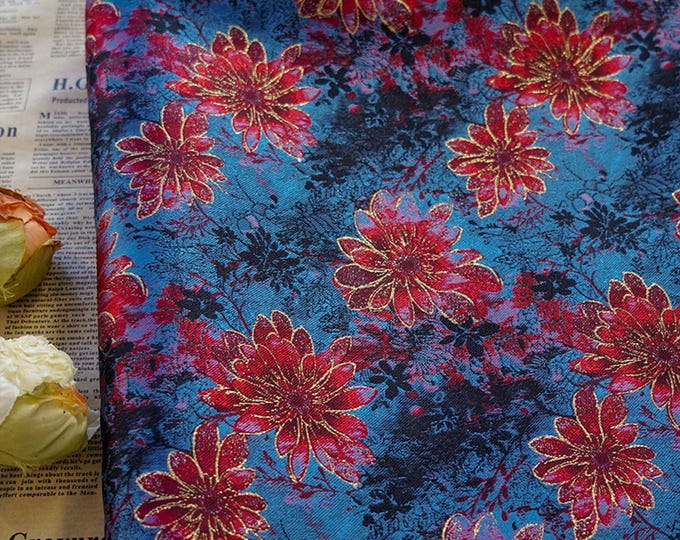 58"W Gold Thread jacquard Fabric/Blue & Red Decor costume dress fabric, Upholstery, Quilting and Sewing, bookbinding/fabric, Foil flower