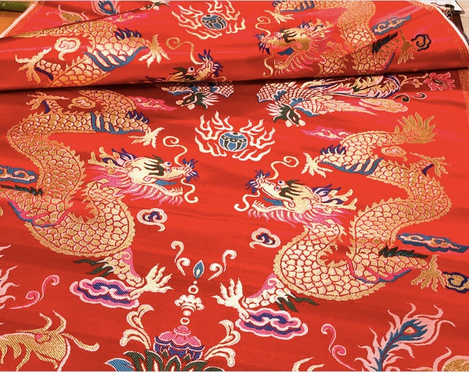 High-end and luxurious Dragon and the Phoenix auspicious Brocade Fabric, Robe, cheongsam, Traditional Wedding Sewing brocade fabric, 29.5“W