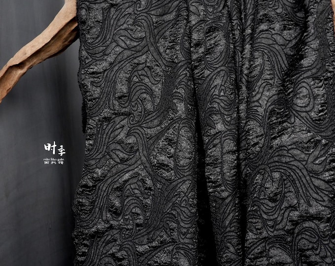 Black Phoenix Tail Jacquard Brocade Fabric | Embossed Couture Dressmaking Material (59" Wide)