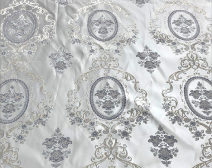 57"W Retro Palace style brocade jacquard dress fabric, Damask Fabric, Upholstery, Decor, Costume/Fabric by the meter, red, gray and pink