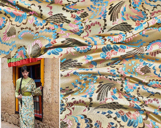 Peacock Feather Brocade Fabric: Magenta Floral Chinese Silk Rayon Blend