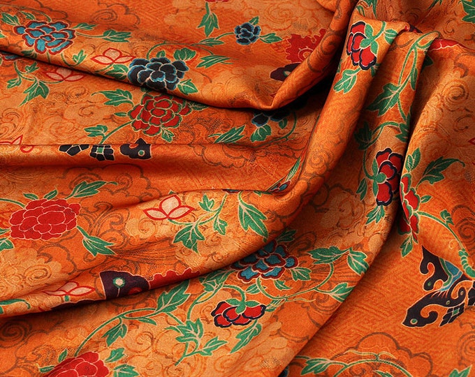 59"W Peacock blue Tea silk satin fabric, Digital print, 3 colors, Sewing fabric, Upholstery, Decor, Costume, Curtain, Handbag, Sewing/Fabric