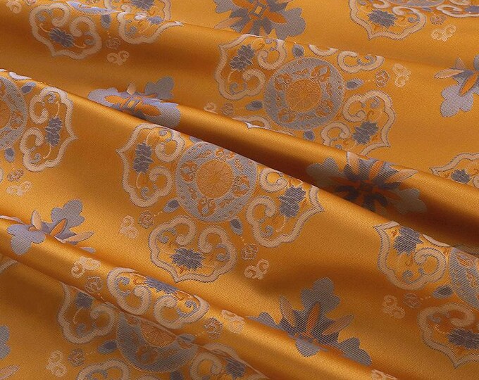 55"W Chinese Buddhism Tibetan Damask, Jacquard Fabric, Upholstery, Decor, Costume, Curtain, Handbag, Sewing, Mongolian/Fabric by the meter