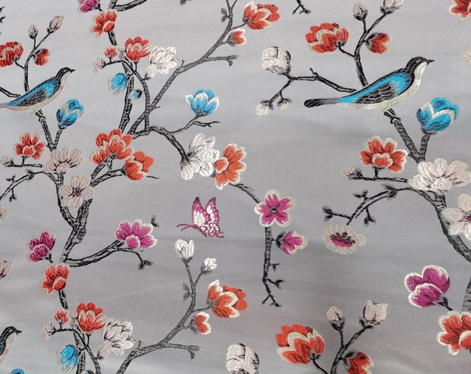 Red Silk Brocade Fabric: Bird & Branch Print, 59" Wide