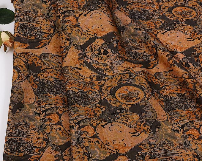 Traditional Fortune Symbol Brocade Fabric with Geometric Motifs by the Yard, 59" Wide