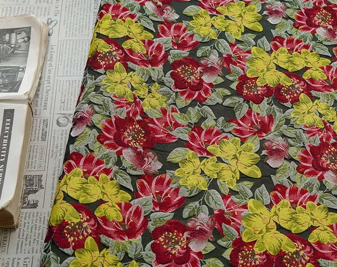 Vintage Floral Jacquard Fabric – Red & Yellow Color-Block, 59" Wide