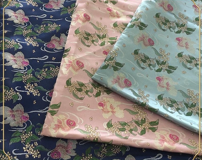 Aqua Blue Goldfish Silk Brocade Fabric: 59"W Emperor Robe, Cheongsam