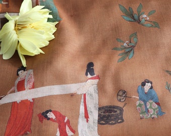 Tang Dynasty Style Linen Fabric: Court Ladies Sewing Silk (55"W)