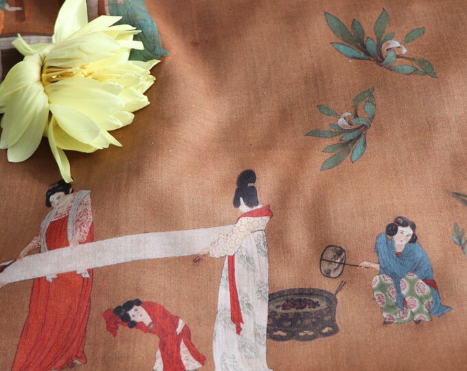 Court Ladies Preparing Newly Woven Silk by Emperor Huizong pure Linen fabric, famous Tang dynasty painting, 55"W,