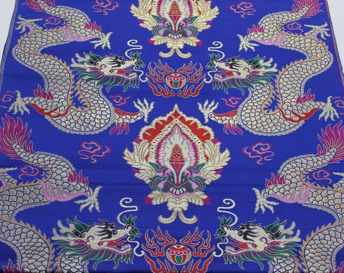 Blue Chinese Double dragon robe, cheongsam, Tibetan robe, spinning Fabric, silk, satin, and brocade, 29"W