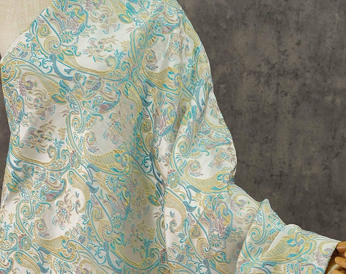 60"W Blue & yellow embossed Palace jacquard cotton fabric, Damask, Upholstery, Decor, Costume, Curtain, Handbag, Sewing/Fabric by the meter
