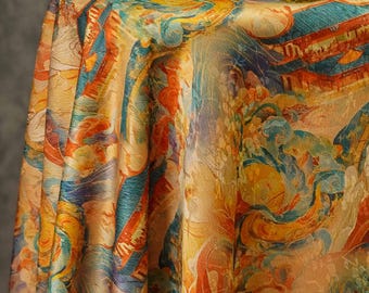 55"W Dunhuang pattern Tea silk Rich Texture satin fabric, Traditional, Upholstery, Decor, Costume, Curtain, bag, Sewing, drapery,DIY/Fabric