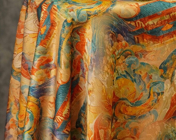 55"W Dunhuang pattern Tea silk Rich Texture satin fabric, Traditional, Upholstery, Decor, Costume, Curtain, bag, Sewing, drapery,DIY/Fabric