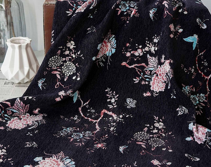 Retro Floral Chenille Jacquard Upholstery Fabric - Gold Thread, 59" Wide