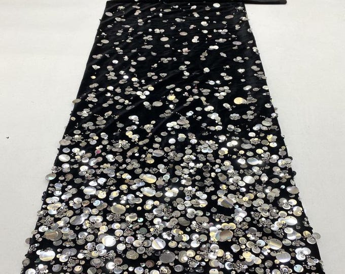 Sequin Beaded Velvet Fabric: Gradient Embroidery, 49" Wide