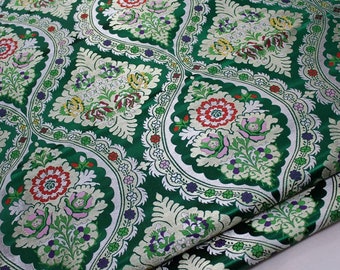 29"W Vintage Tibetan Brocade Fabric: Green Silk Rayon Textile