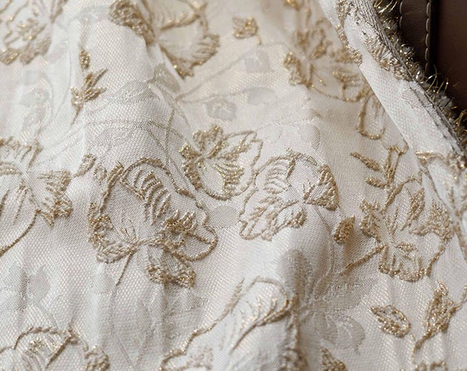 Embossed Floral Gold Thread Jacquard Fabric – Textured Luxury Brocade for Upholstery, Dresses, Quilting, Home Decor, 50" Wide