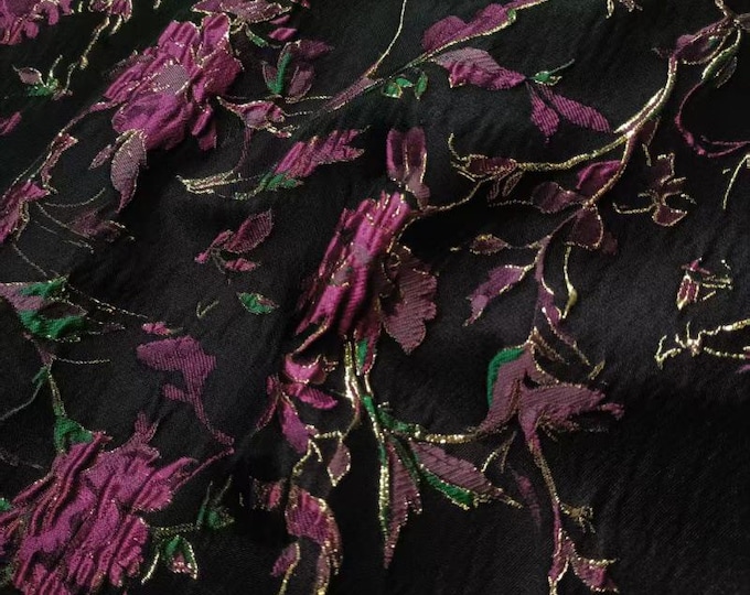 Black Jacquard Fabric: 3D Purple Rose & Gold Foil - 55"W Upholstery