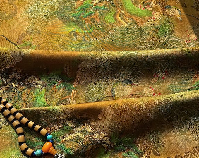 Rayon Silk Jacquard Xiangyun Fabric – Emerald Gold Feather Handwoven Textile for Dress, Cheongsam, DIY Sewing, Costume Fabric, 59" Wide