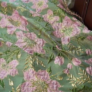 Gold Thread Jacquard Fabric: Pea Green 3D Designer Material - 58&quot; Wide
