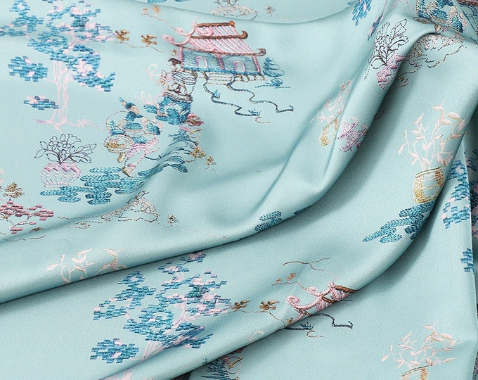 59"W silk damask fabric, Digital print, 2 colors, Sewing, Dress, Upholstery, Decor, Costume, Curtain, handbag, Sewing, night gown/Fabric