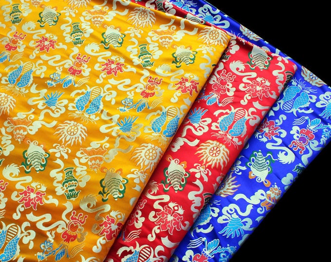 58“W Chinese Silk Brocade Fabric Pisces Double Fish Home Decor, Table cloth, bed runner, pillow case, Cheongsam, Upholstery, Sewing Fabric