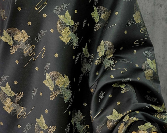 Gold thread Black Jacquard fabric, gold foil butterfly pattern, Upholstery, drapery, Quilting and Sewing fabric, 59" W By 1 Meter