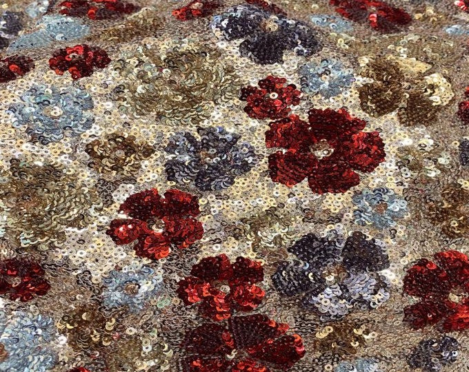 Floral Sequin Embroidery Fabric: Gold Thread Decorative Textile, 49 inches