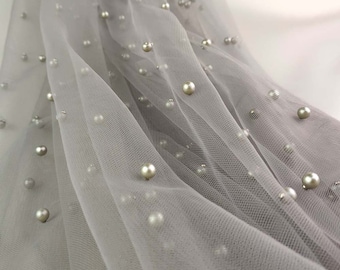 59"W Gorgeous Beaded Pearl Mesh Lace Fabric, Bridal Veil Lace Wedding Fabric, Luxury Designer Sewing Fabric, sold by the yard