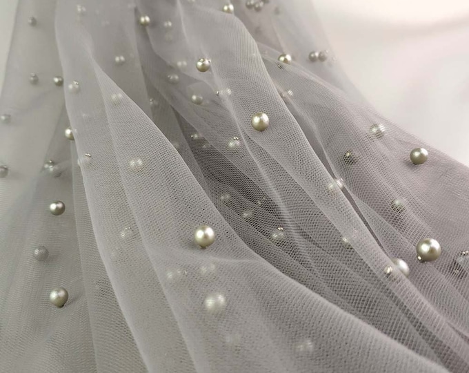 59"W Gorgeous Beaded Pearl Mesh Lace Fabric, Bridal Veil Lace Wedding Fabric, Luxury Designer Sewing Fabric, sold by the yard