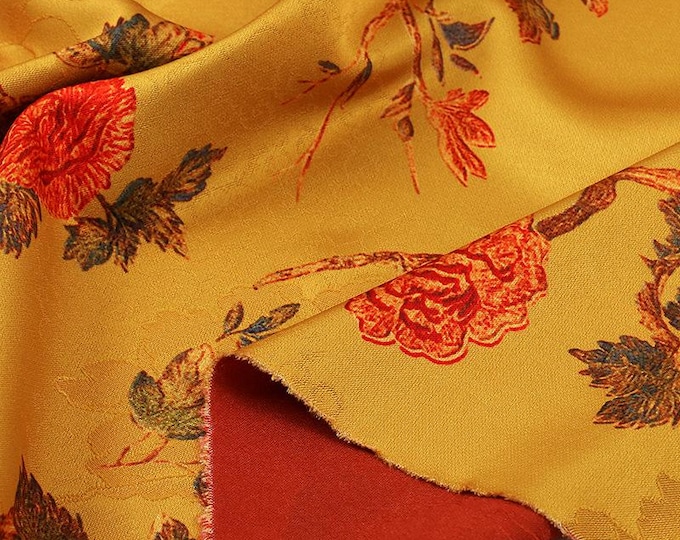 Ginger Yellow Vine Floral Printed rayon silk Fabric, 59"Wide