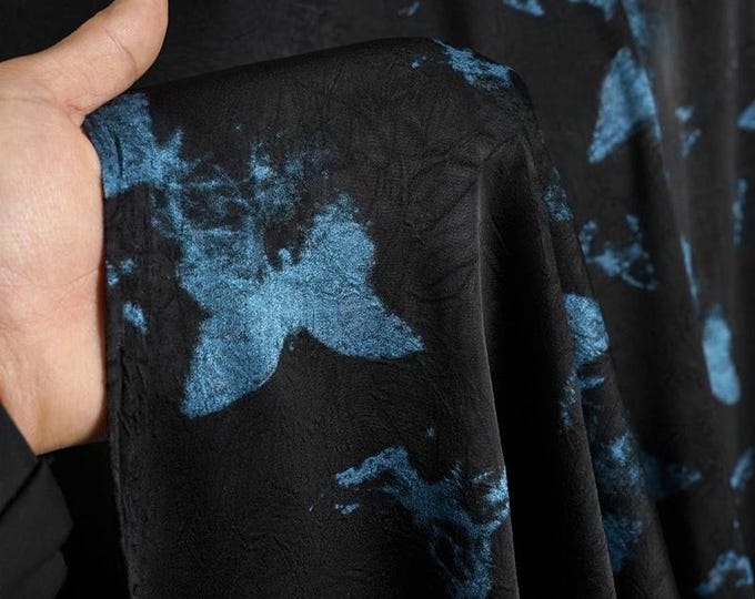 58"W blue butterfly Tea silk satin fabric, rayon blended, Upholstery, Decor, Costume, Curtain, bag, Sewing, drapery, DIY, quilting/Fabric