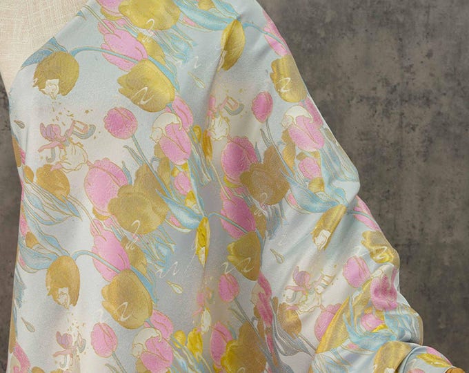 59"W Gold thread jacquard Fabric with tulip pattern, intricate decor fabric in rich gold tonesUpholstery, drapery, Quilting, DIY&Sewing